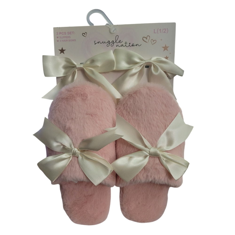 Cute kids slippers and hair bow set -‎ big kids size 1/2